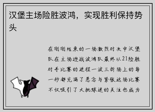 汉堡主场险胜波鸿，实现胜利保持势头