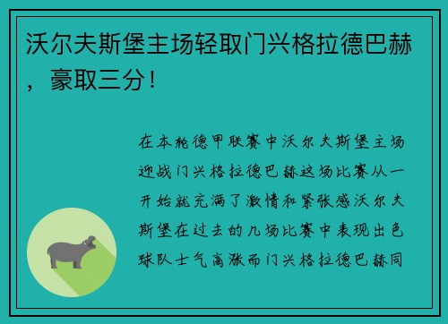 沃尔夫斯堡主场轻取门兴格拉德巴赫，豪取三分！